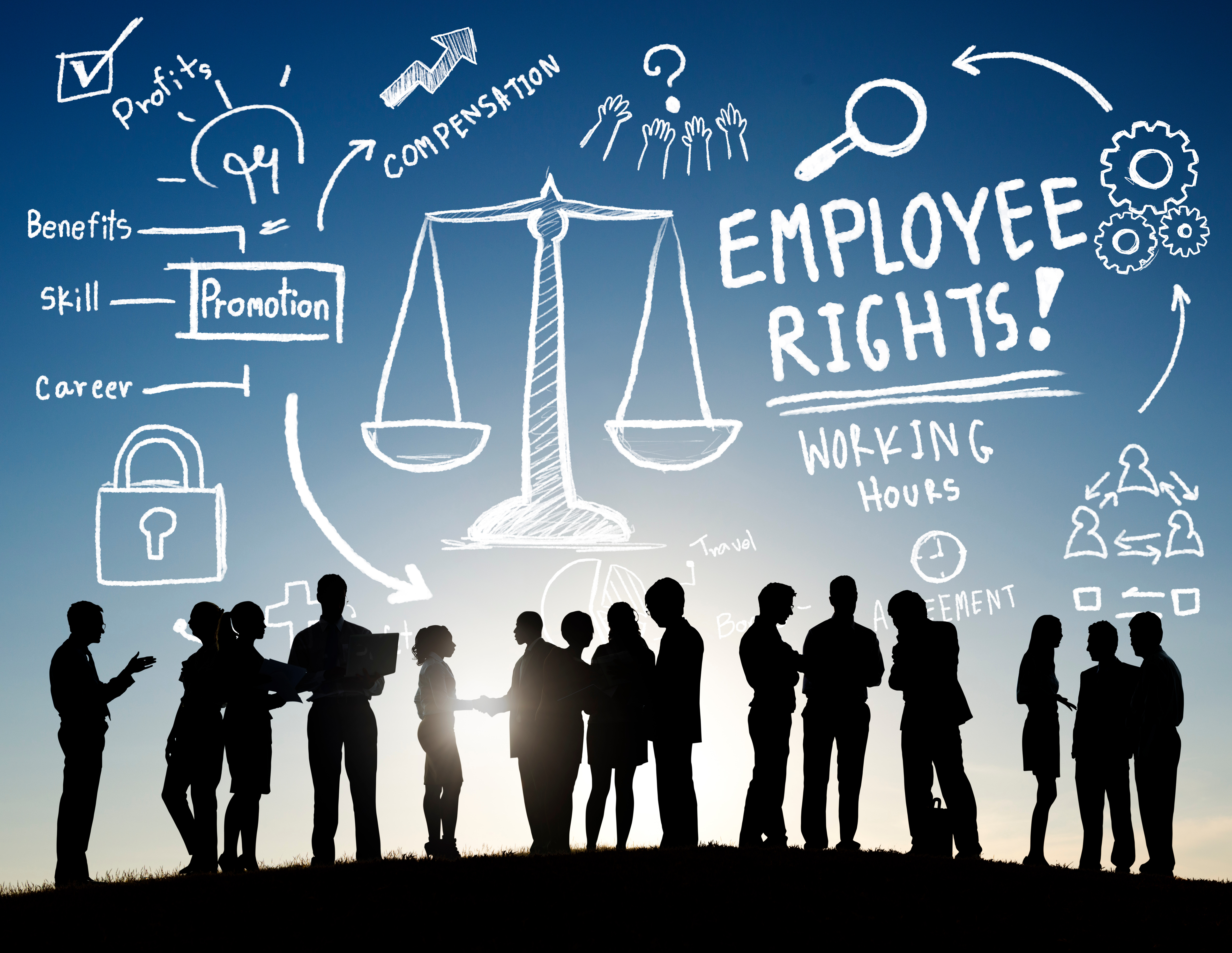 Employee rights employment equality job business communication concept drawing in the sky with the outline of a group of people in the foreground.